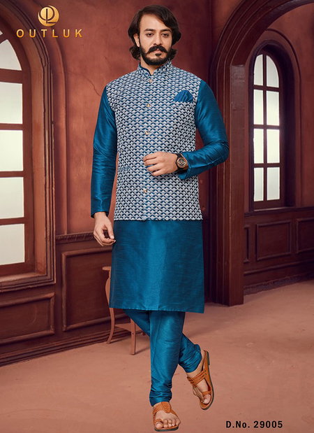 Sea Blue Colour Outluk 29 Art Silk With Lucknowi Work Party Wear Kurta Pajama With Modi Jacket Mens Collection 29005